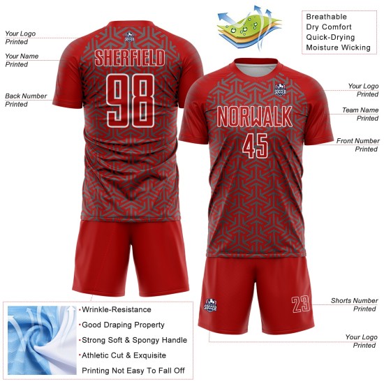 Steel Jersey Arrow Red Soccer Sublimation Uniform Geometric Custom Gray-White Steel Jersey Arrow Red Soccer Sublimation Uniform Geometric Custom Gray-White