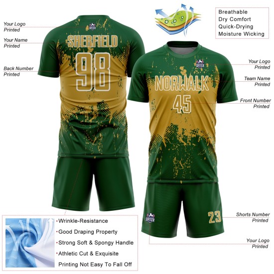 Old Grunge Soccer Splatter Abstract Art Custom Sports Gold-White Jersey Sublimation Uniform Green Old Grunge Soccer Splatter Abstract Art Custom Sports Gold-White Jersey Sublimation Uniform Green