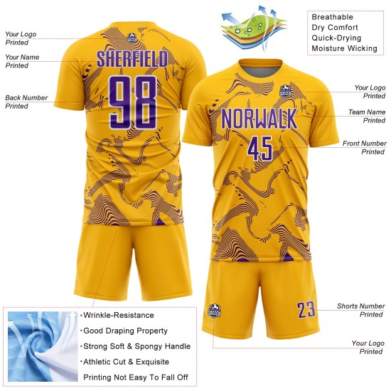 Sublimation Gold Purple-White Sports Soccer Uniform Custom Curve Jersey Lines Sublimation Gold Purple-White Sports Soccer Uniform Custom Curve Jersey Lines