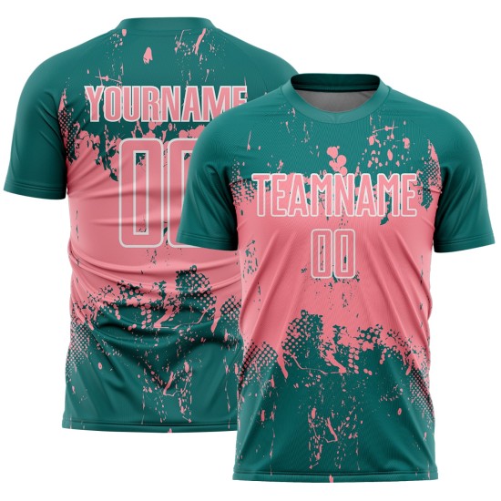 Medium Pink-White Teal Custom Soccer Jersey Sports Abstract Uniform Grunge Art Sublimation Splatter