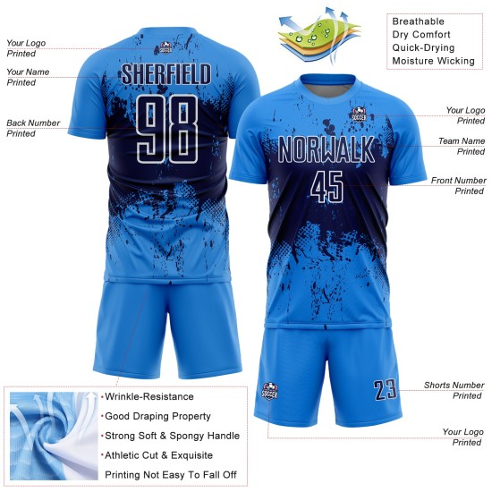 Sublimation Blue Navy-White Art Jersey Uniform Custom Abstract Splatter Soccer Sports Grunge Powder