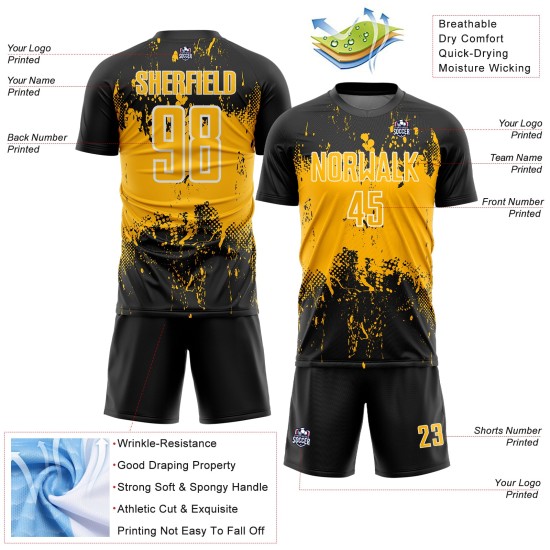 Abstract Custom Grunge Gold-White Sports Uniform Jersey Black Art Soccer Sublimation Splatter Abstract Custom Grunge Gold-White Sports Uniform Jersey Black Art Soccer Sublimation Splatter