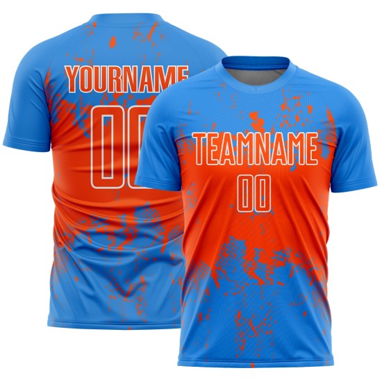 Custom Splatter Soccer Abstract Powder Uniform Jersey Blue Art Grunge Sports Sublimation Orange-White