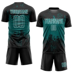 Soccer Sublimation Jersey Grunge Sports Black Splatter Custom Teal-White Uniform Abstract Art