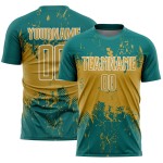 Custom Teal Soccer Uniform Jersey Splatter Art Sports Gold-White Sublimation Abstract Grunge Old