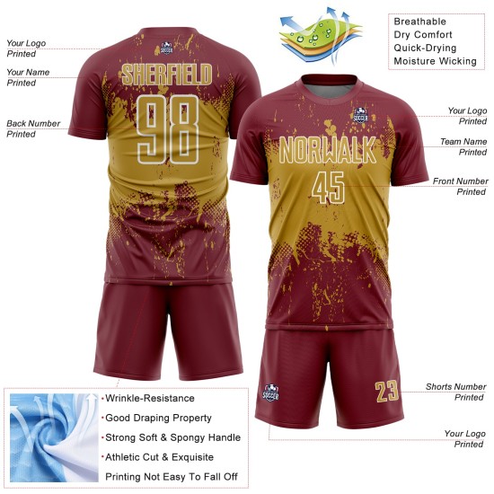 Abstract Soccer Old Splatter Jersey Custom Art Burgundy Gold-White Sublimation Sports Grunge Uniform Abstract Soccer Old Splatter Jersey Custom Art Burgundy Gold-White Sublimation Sports Grunge Uniform