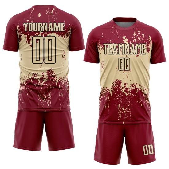 Grunge Art Sublimation Crimson Sports Custom Uniform Cream-Black Jersey Splatter Abstract Soccer
