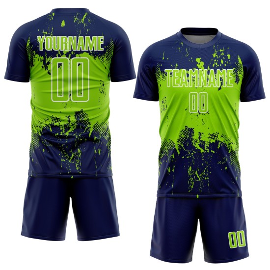 Soccer Sublimation Jersey Uniform Custom Navy Grunge Sports Abstract Art Neon Splatter Green-White Soccer Sublimation Jersey Uniform Custom Navy Grunge Sports Abstract Art Neon Splatter Green-White