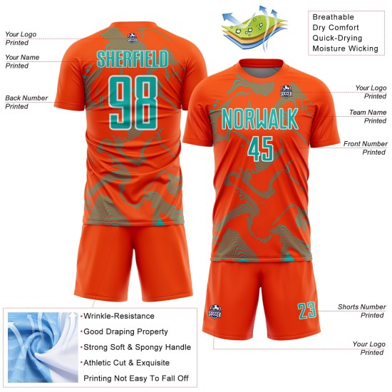 Soccer Sublimation Lines Orange Jersey Uniform Aqua-White Curve Sports Custom Soccer Sublimation Lines Orange Jersey Uniform Aqua-White Curve Sports Custom