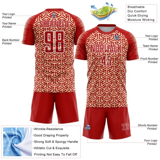 Custom Red Uniform Arrow Geometric Jersey Cream-White Sublimation Soccer Custom Red Uniform Arrow Geometric Jersey Cream-White Sublimation Soccer