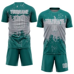 Gray-White Uniform Sublimation Teal Jersey Soccer Sports Abstract Splatter Custom Art Grunge