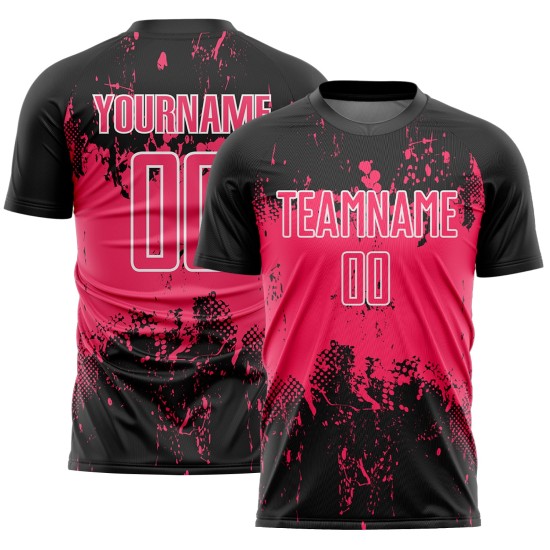 Uniform Abstract Grunge Neon Custom Sublimation Black Art Sports Soccer Jersey Pink-White Splatter