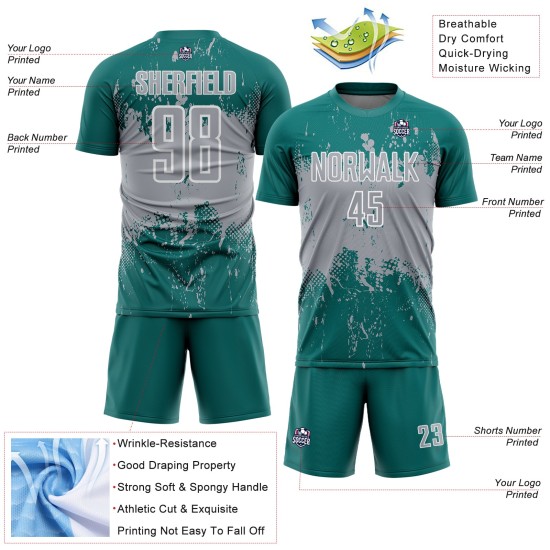 Gray-White Uniform Sublimation Teal Jersey Soccer Sports Abstract Splatter Custom Art Grunge Gray-White Uniform Sublimation Teal Jersey Soccer Sports Abstract Splatter Custom Art Grunge
