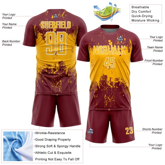 Sublimation Splatter Grunge Abstract Uniform Jersey Gold-White Sports Art Soccer Custom Burgundy Sublimation Splatter Grunge Abstract Uniform Jersey Gold-White Sports Art Soccer Custom Burgundy