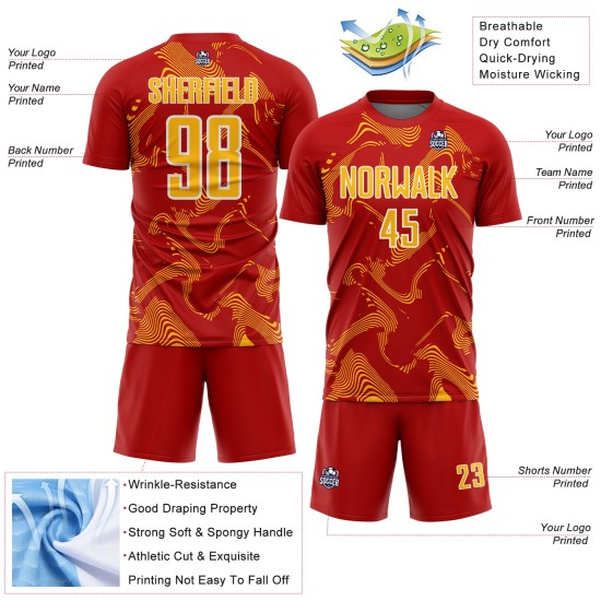 Lines Custom Sublimation Red Sports Jersey Uniform Gold-White Soccer Curve