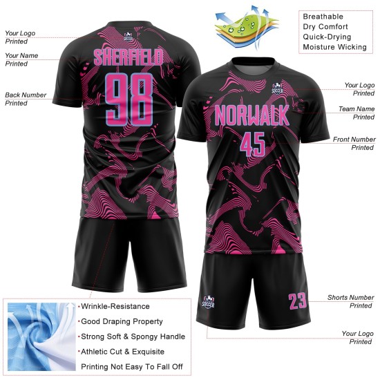 Black Uniform Soccer Custom Pink-Light Blue Curve Sublimation Sports Jersey Lines