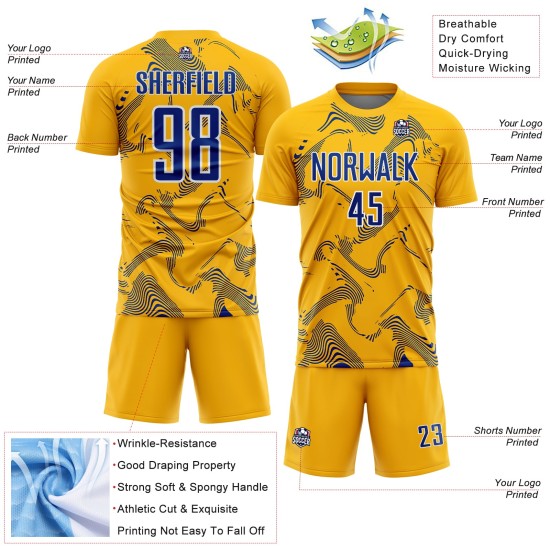Custom Jersey Curve Sublimation Royal-White Gold Soccer Uniform Lines Sports Custom Jersey Curve Sublimation Royal-White Gold Soccer Uniform Lines Sports