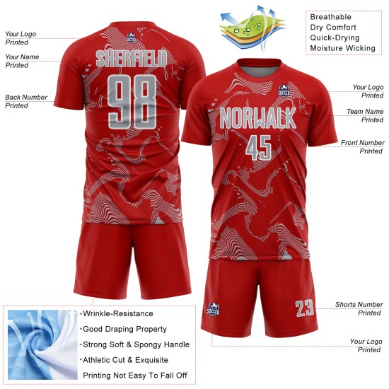 Custom Lines Soccer Sublimation Uniform Curve Red Sports Jersey Gray-White