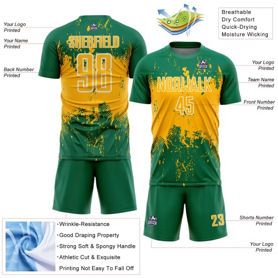 Sports Art Sublimation Splatter Jersey Green Gold-White Uniform Soccer Abstract Custom Grunge Kelly Sports Art Sublimation Splatter Jersey Green Gold-White Uniform Soccer Abstract Custom Grunge Kelly