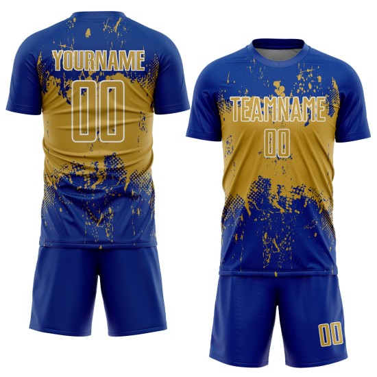 Jersey Soccer Custom Royal Abstract Splatter Old Sublimation Sports Uniform Grunge Gold-White Art Jersey Soccer Custom Royal Abstract Splatter Old Sublimation Sports Uniform Grunge Gold-White Art
