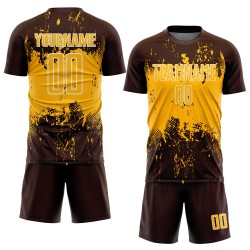 Gold-White Uniform Custom Soccer Jersey Art Abstract Brown Sports Splatter Grunge Sublimation