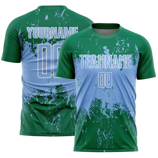 Kelly Light Sublimation Soccer Jersey Grunge Art Uniform Green Custom Blue-White Abstract Sports Splatter Kelly Light Sublimation Soccer Jersey Grunge Art Uniform Green Custom Blue-White Abstract Sports Splatter