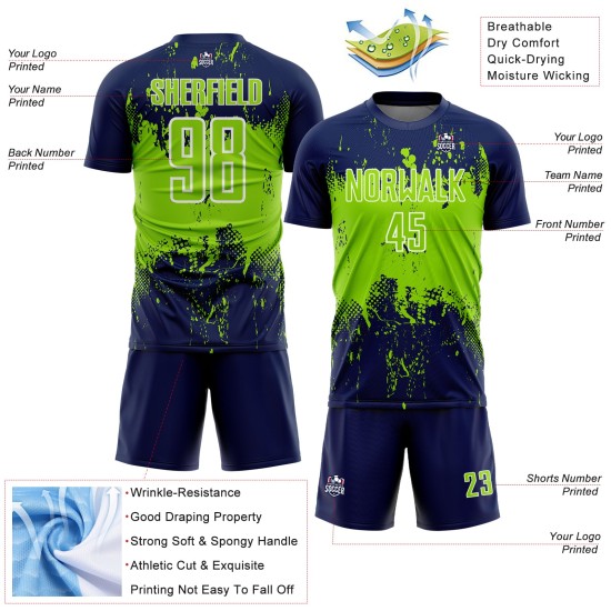 Soccer Sublimation Jersey Uniform Custom Navy Grunge Sports Abstract Art Neon Splatter Green-White Soccer Sublimation Jersey Uniform Custom Navy Grunge Sports Abstract Art Neon Splatter Green-White