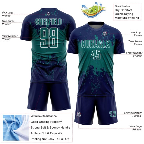 Uniform Art Custom Navy Sports Teal-White Soccer Grunge Abstract Jersey Splatter Sublimation Uniform Art Custom Navy Sports Teal-White Soccer Grunge Abstract Jersey Splatter Sublimation