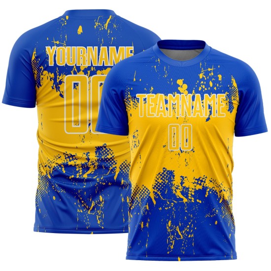 Uniform Custom Yellow-White Abstract Sublimation Jersey Art Blue Splatter Sports Thunder Soccer Grunge Uniform Custom Yellow-White Abstract Sublimation Jersey Art Blue Splatter Sports Thunder Soccer Grunge