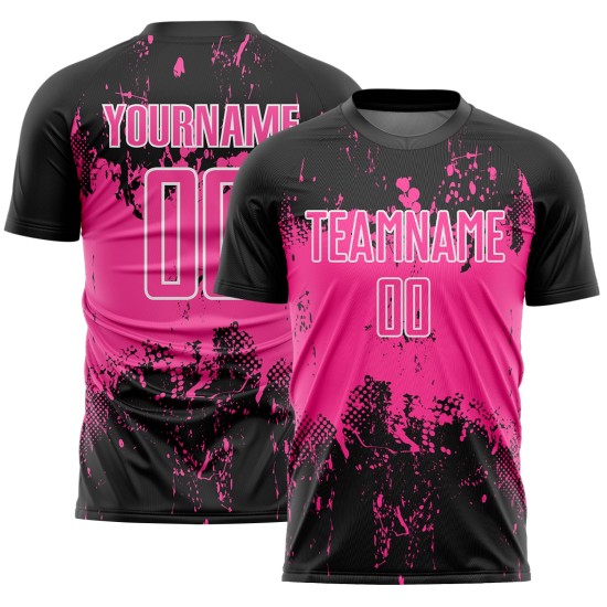 Grunge Uniform Soccer Custom Abstract Jersey Sublimation Art Sports Black Pink-White Splatter