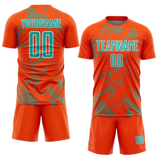 Soccer Sublimation Lines Orange Jersey Uniform Aqua-White Curve Sports Custom Soccer Sublimation Lines Orange Jersey Uniform Aqua-White Curve Sports Custom