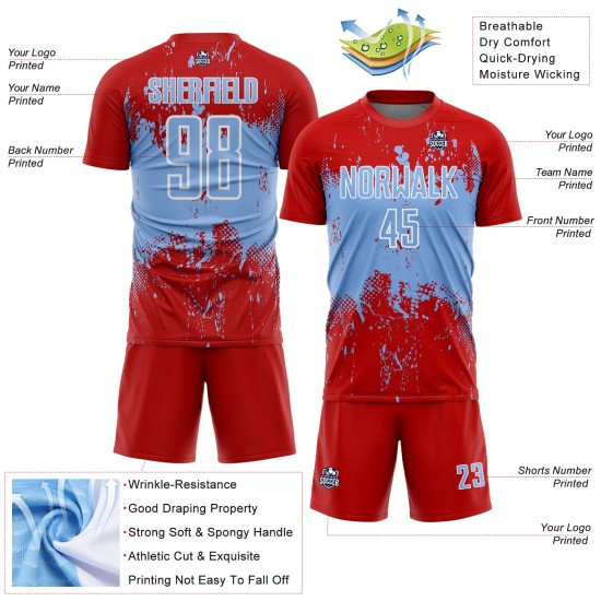 Grunge Splatter Blue-White Soccer Red Custom Abstract Sublimation Uniform Sports Art Jersey Light Grunge Splatter Blue-White Soccer Red Custom Abstract Sublimation Uniform Sports Art Jersey Light