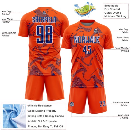 Soccer Curve Uniform Sports Orange Lines Sublimation Custom Jersey Royal-White