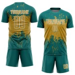 Custom Teal Soccer Uniform Jersey Splatter Art Sports Gold-White Sublimation Abstract Grunge Old