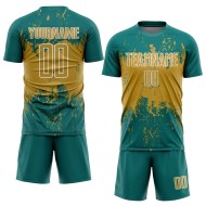 Custom Teal Soccer Uniform Jersey Splatter Art Sports Gold-White Sublimation Abstract Grunge Old