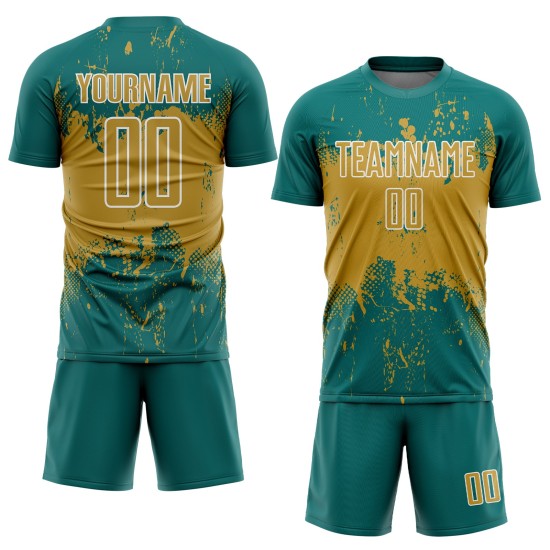 Custom Teal Soccer Uniform Jersey Splatter Art Sports Gold-White Sublimation Abstract Grunge Old