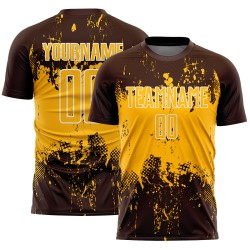 Gold-White Uniform Custom Soccer Jersey Art Abstract Brown Sports Splatter Grunge Sublimation