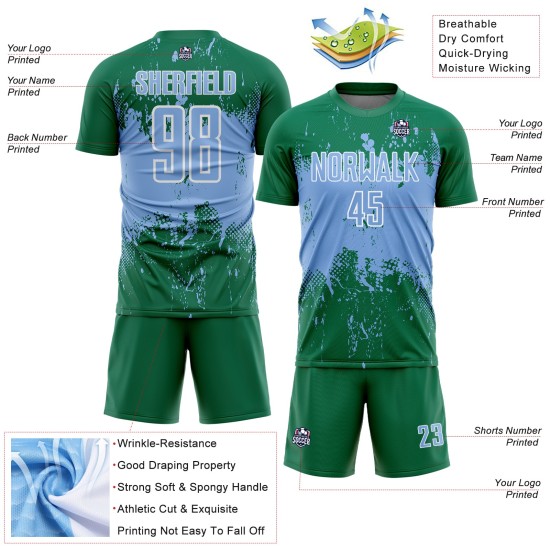 Kelly Light Sublimation Soccer Jersey Grunge Art Uniform Green Custom Blue-White Abstract Sports Splatter Kelly Light Sublimation Soccer Jersey Grunge Art Uniform Green Custom Blue-White Abstract Sports Splatter