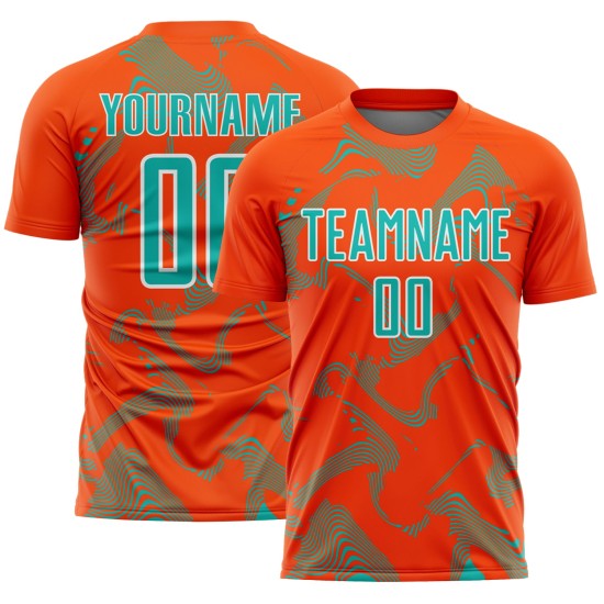 Soccer Sublimation Lines Orange Jersey Uniform Aqua-White Curve Sports Custom Soccer Sublimation Lines Orange Jersey Uniform Aqua-White Curve Sports Custom
