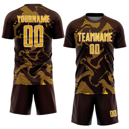Custom Jersey Brown Gold-White Lines Curve Uniform Sublimation Sports Soccer Custom Jersey Brown Gold-White Lines Curve Uniform Sublimation Sports Soccer