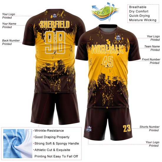 Gold-White Uniform Custom Soccer Jersey Art Abstract Brown Sports Splatter Grunge Sublimation