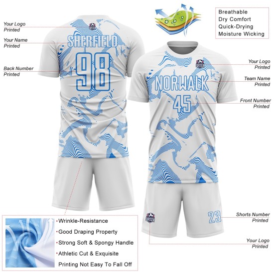 White Sublimation Curve Powder Jersey Sports Uniform Lines Blue Soccer Custom