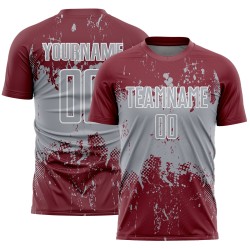 Custom Soccer Splatter Sublimation Burgundy Jersey Gray-White Sports Grunge Art Abstract Uniform