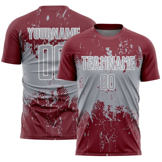 Custom Soccer Splatter Sublimation Burgundy Jersey Gray-White Sports Grunge Art Abstract Uniform