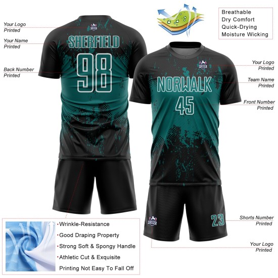 Soccer Sublimation Jersey Grunge Sports Black Splatter Custom Teal-White Uniform Abstract Art Soccer Sublimation Jersey Grunge Sports Black Splatter Custom Teal-White Uniform Abstract Art