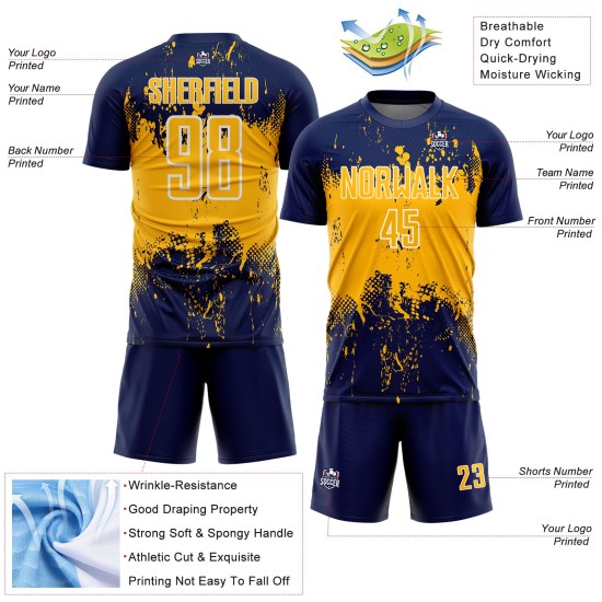Sports Custom Grunge Jersey Gold-White Splatter Art Abstract Sublimation Soccer Uniform Navy Sports Custom Grunge Jersey Gold-White Splatter Art Abstract Sublimation Soccer Uniform Navy