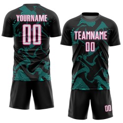 Sports Uniform White Sublimation Black Custom Soccer Aqua-Pink Curve Jersey Lines