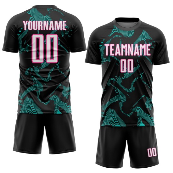Sports Uniform White Sublimation Black Custom Soccer Aqua-Pink Curve Jersey Lines
