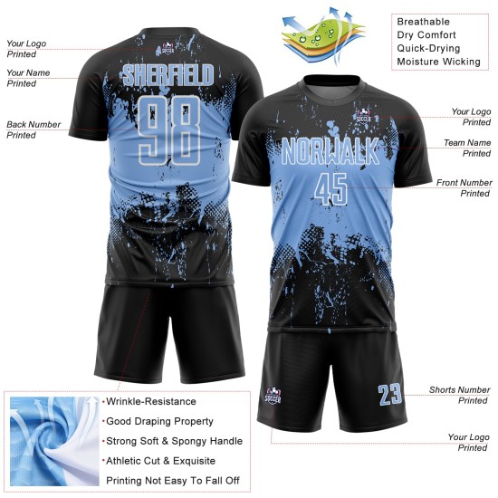 Art Jersey Grunge Sublimation Custom Black Abstract Splatter Sports Soccer Blue-White Uniform Light Art Jersey Grunge Sublimation Custom Black Abstract Splatter Sports Soccer Blue-White Uniform Light