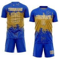 Art Sports Blue Custom Grunge Splatter Jersey Gold-White Old Sublimation Abstract Thunder Soccer Uniform Art Sports Blue Custom Grunge Splatter Jersey Gold-White Old Sublimation Abstract Thunder Soccer Uniform